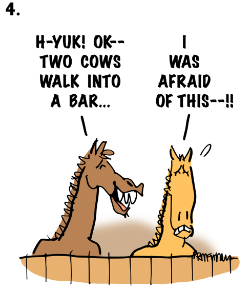 detail image 4 panel cartoon about legend animals talk at midnight on Christmas Eve one horse waiting to tell second horse a cow joke