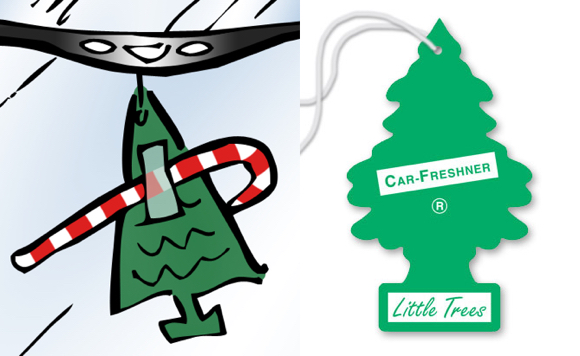 Compare between cartoon pine tree car air freshener and official Car-Freshener Little Trees registered trademark pine-scented air freshener