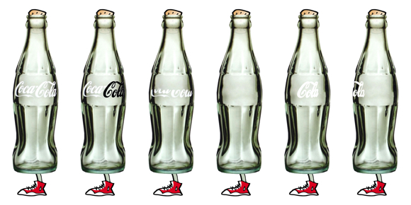 Rotate text on Coca-Cola bottle select save type use repair tool to erase type paste and distort saved text to simulate rotated appearance