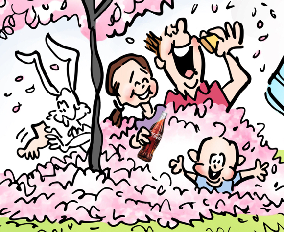 springtime Easter bunny rubbing rabbit's foot, family having picnic under cherry tree with falling blossoms