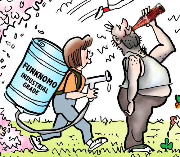 spring showers, wife getting ready to hose down smelly husband who has not bathed all winter with industrial grade cleaner