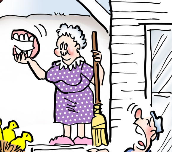 spring cleaning, old granny with broom showing she found her lost false teeth