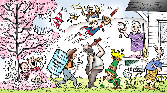 10 numbered springtime fun activities with Coca-Cola Easter bunnies, picnic under cherry blossom tree, kites, bumblebees, baseball, showers. spring cleaning, leprechaun, shamrock, 4-leaf clover, marshmallow chicks, dandelions, hay fever