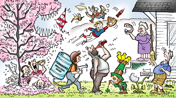 Springtime fun activities with Coca-Cola Easter bunnies, picnic under cherry blossom tree, kites, bumblebees, baseball, showers. spring cleaning, leprechaun, shamrock, 4-leaf clover, marshmallow chicks, dandelions, hay fever