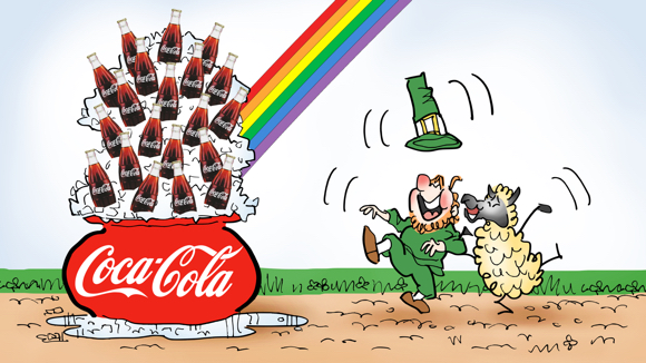 leprechaun and sheep dancing for joy next to big pot of Coca-Cola on ice at end of rainbow