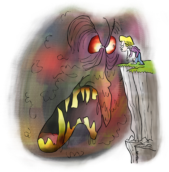 woman standing on cliff with clenched hands staring into the void which is a big slimy dark cloud with bulging bloodshot eyes and jagged yellow teeth they're locked in a staring contest