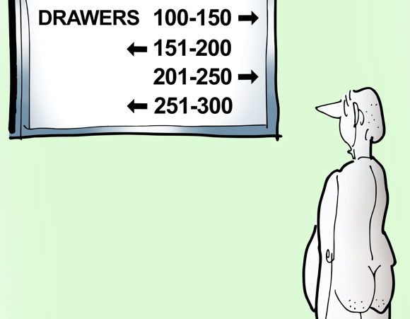 detail image cadaver lost, roaming around city morgue, can't find proper cold storage drawer he should be in, consulting directory sign on wall