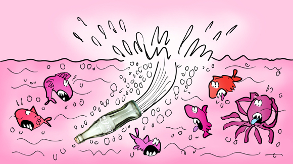 Coke bottle plunges off cliff into ocean goes underwater scaring pink purple fish octopus