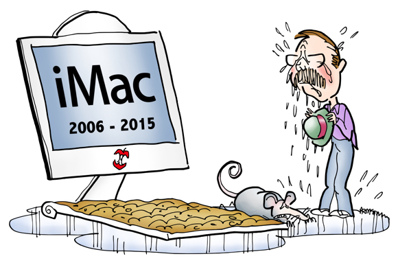 iMac turned into gravestone keyboard covered with dirt dead mouse guy crying because his computer died standing in puddle of tears