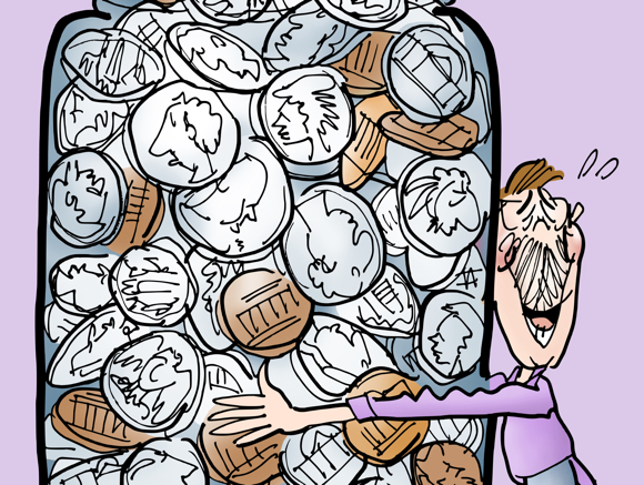 detail image embrace change pun happy guy hugging a big glass jar filled with coins pennies dimes nickels quarters