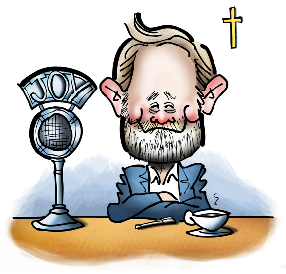 Promotional art for Joyful Catholic radio program, Roman Catholic Diocese of Spokane, Washington, caricature of host Eric Meisfjord sitting at microphone with cup of coffee