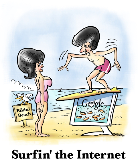 Frankie Avalon Annette Funicello on Bikini Beach parody of 1960s beach movies surfboard on computer with Google landing page joke surfing internet with shark seagull