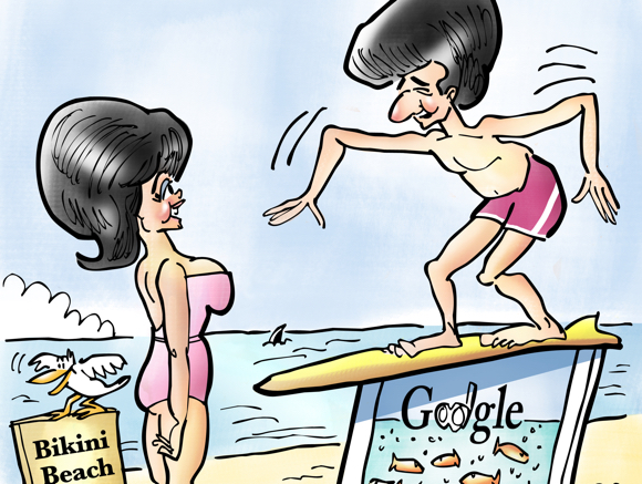 detail image Frankie Avalon Annette Funicello on Bikini Beach parody of 1960s beach movies surfboard on computer with Google landing page joke surfing internet with shark seagull