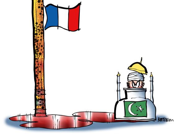 tribute cartoon showing solidarity Je suis un caricaturiste, I am an illustrator, I am Charlie after Islamic terrorists killed 12 people at Charlie Hebdo French satirical newspaper January 2015