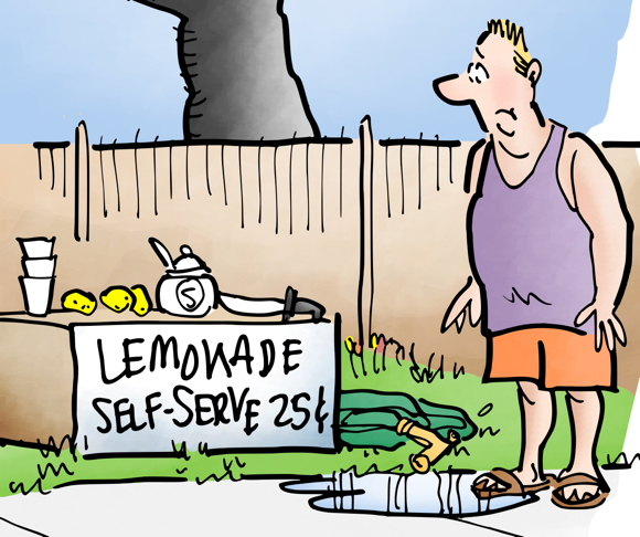guy in shorts tank top looking at self-serve lemonade stand where you make your own using garden hose
