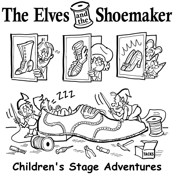tee-shirt design publicity illustration for children's theater company production of Elves and the Shoemaker people watching from behind shoe pictures
