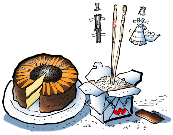 Wedding cake with orange sunflower frosting, waxy takeout box of fried rice from Chinese restaurant, packet of soy sauce, chopsticks as man woman paper dolls with tuxedo, top hat, wedding dress and veil