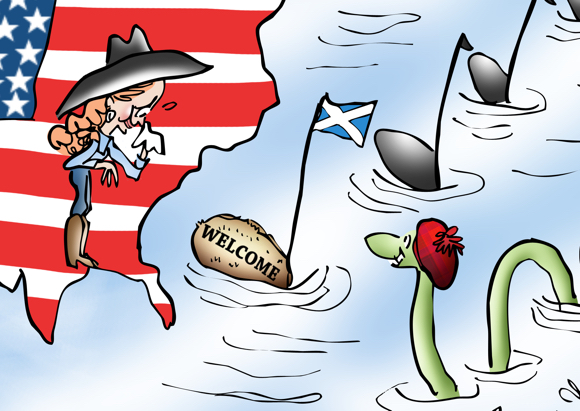 detail image Musical notes forming bridge between Scotland and United States, with welcome mat for Scots expatriate cowgirl with flag, bagpipes, and Nessy the Loch Ness Monster