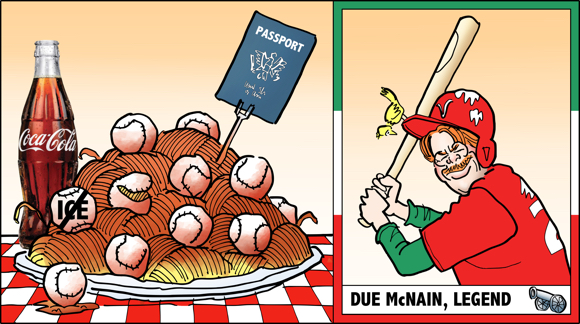plate of spaghetti with baseballs instead of meatballs on red and white checkered tablecloth bottle of Coke passport Due McNain Verona Arsenal baseball trading card