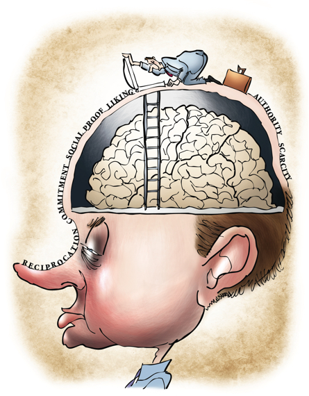 Salesman trying to figure out way into subject's brain peering through little trapdoor in skull ready to use psychological triggers to make sale