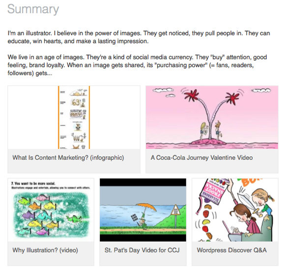 screenshot of work samples in Summary section Mark Armstrong Illustrator LinkedIn profile