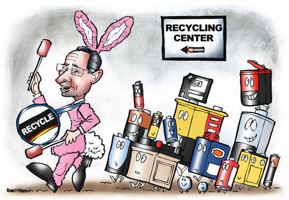Connecticut governor Dan Malloy dressed as Energizer Bunny leading parade of dead batteries to recycling center