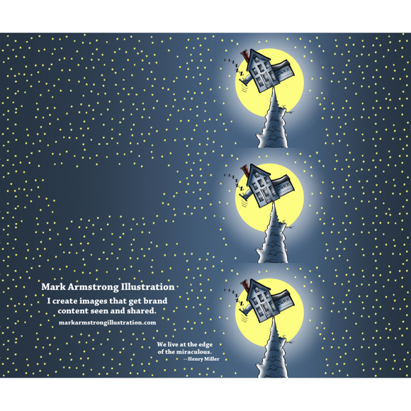 Twitter header image showing guy sleeping in tottering house balanced on mountain top with moon stars night sky edge of miraculous Henry Miller quote