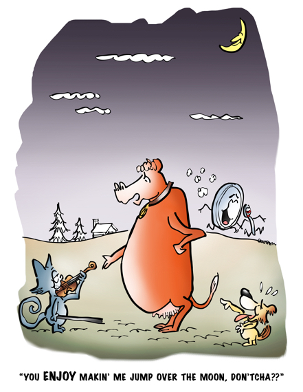 cartoon based on Mother Goose nursery rhyme Hey Diddle Diddle cow accusing cat with fiddle of making him jump over moon little dog laughs dish running away with spoon
