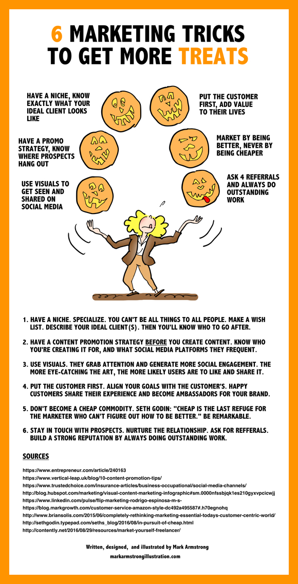 Infographic woman juggling jack o'lanterns marketing tricks to get more treats have niche ideal client content promotion strategy use visuals put customer first never undervalue your work don't sell yourself cheap ask for referrals
