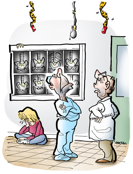 Hospital hallway x-ray display unit two doctors ignore crying patient to stare at burnt-out light bulb hanging from ceiling