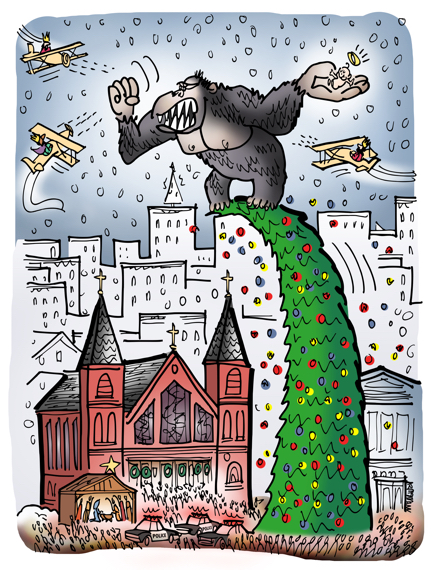 King Kong steals Baby Jesus from creche in front of church climbs up on top of big Christmas tree, magi wise men in planes are shooting at him while police and crowd watches from below