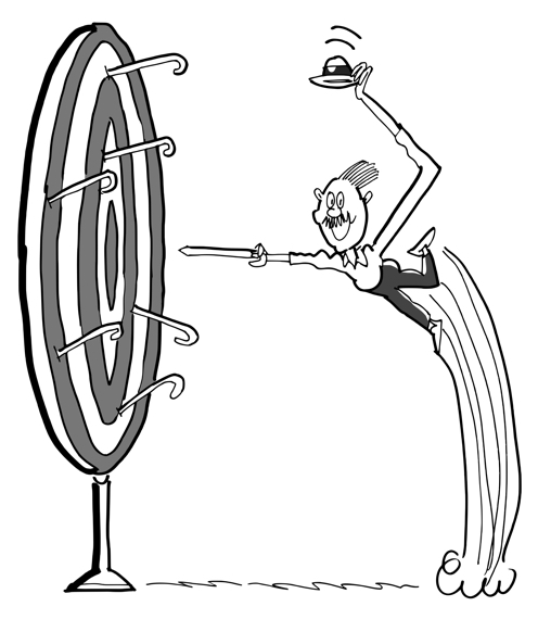 guy with cane tipping hat leaping toward big target trying to hit bull's-eye with cane as if shooting arrow