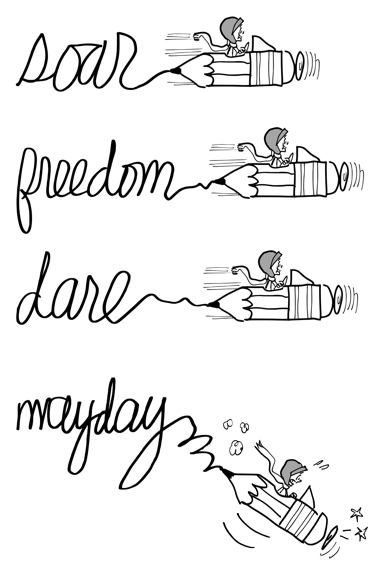 woman pilot like Amelia Earhart flying pencil spelling out words soar, freedom, dare, mayday