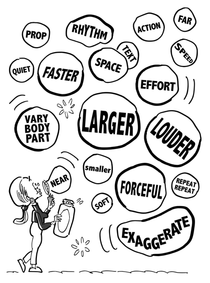 woman blowing soap bubbles with words representing variations on theme larger smaller forceful repeat space effort action rhythm soft exaggerate