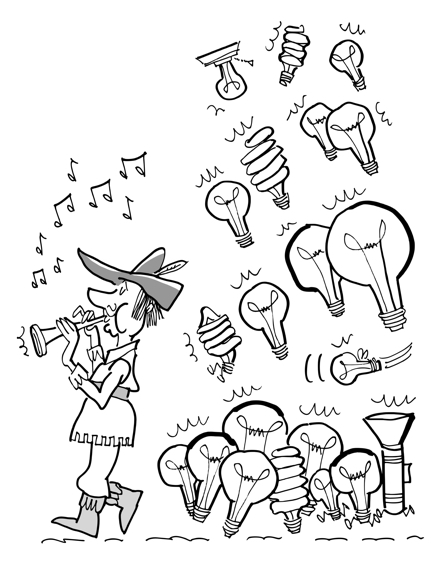 Pied Piper character playing music being followed by different kinds of light bulbs representing different ideas