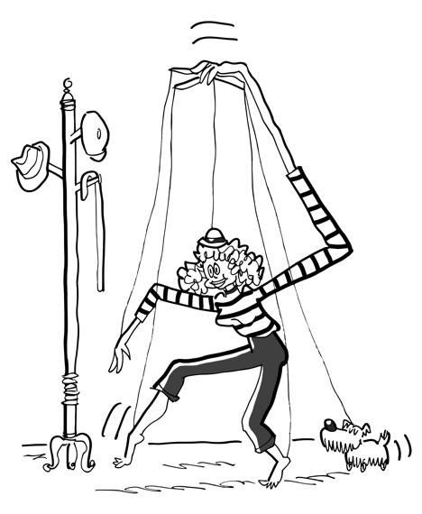 woman performance artist dressed like mime manipulating her own strings as if she were human puppet