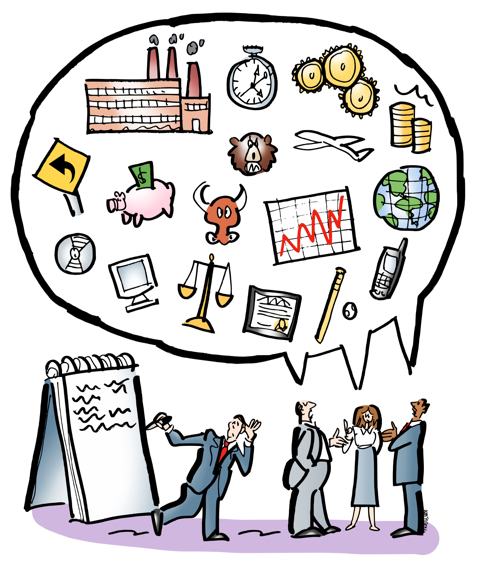 man with big notepad eavesdropping on business conversation topics industry money commerce world stock market economy savings technology travel sales profit education