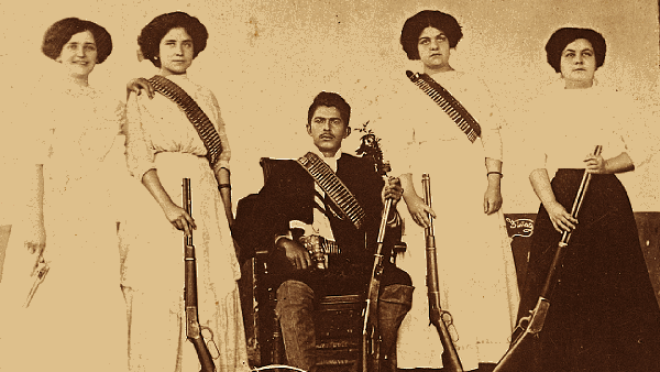 Mexican group portrait one man four women posing with guns rifles bandoliers heart bullets bang bang my babies shot me down need coke