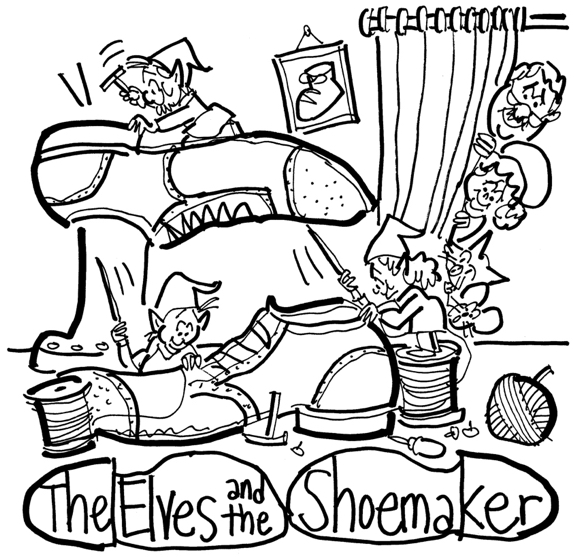rough sketch theater poster elves shoemaker title displayed inside shoe soles family watching elves work from behind curtain