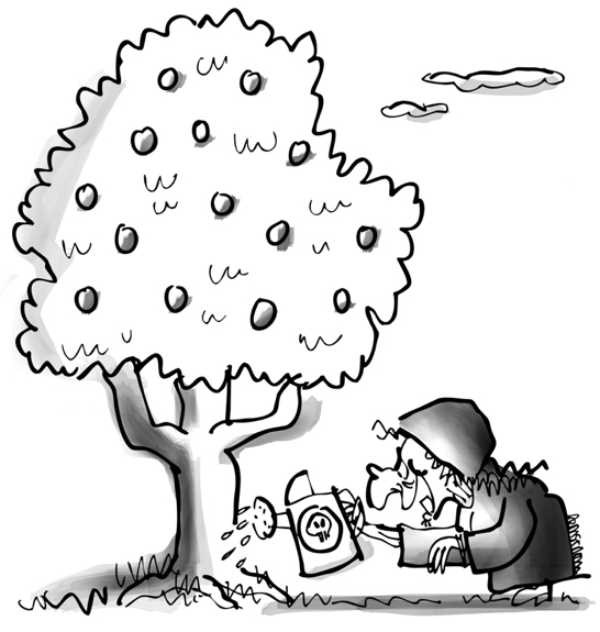 cartoon wicked witch watering apple tree with poison