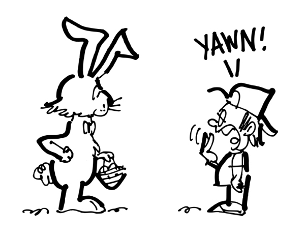 Easter Bunny with hand on hip frowning at rude yawning kid