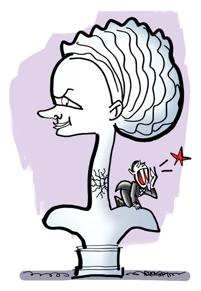 bust of woman with very long neck tiny vampire on her shoulder has tried to bite neck left cracks in pain hurt his fangs