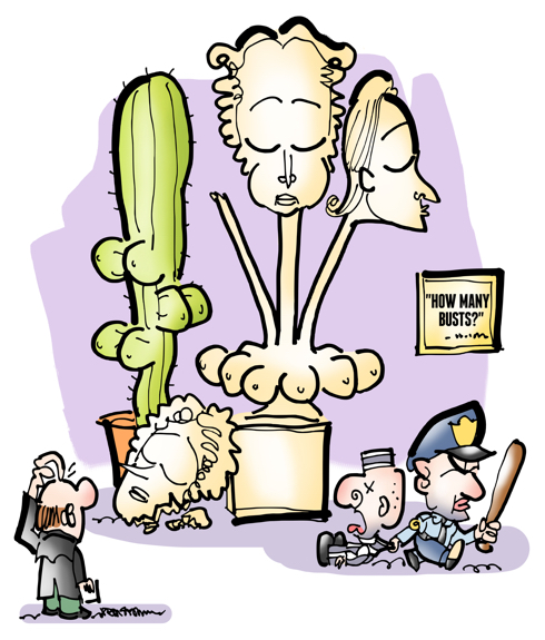 bust display in museum three heads one broken off multiple breasts cactus cop dragging off convict guy scratching head trying to figure out total number of busts on display