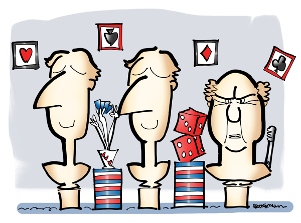 three busts two identical third different scowling has handle like slot machine poker chips dice cards framed suits heart spade diamond club