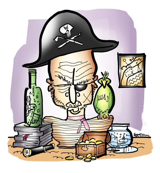 pirate bust with pirate hat eyepatch parrot on shoulder ship in bottle fishbowl telescope tiny chest with gold pieces treasure map on wall