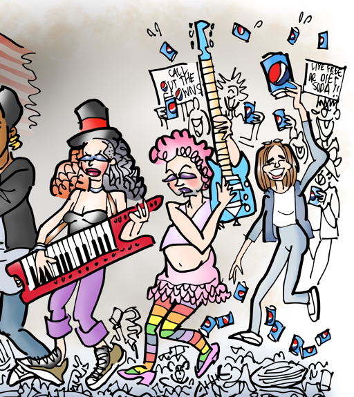 detail image parody of Archibald Willard's famous painting The Spirit of '76 rock and roll protestors 2017 resistance movement white liberal Hispanic African-American woman LGBT playing musical instruments Kendall Jenner crowd following behind with Pepsi soda cans