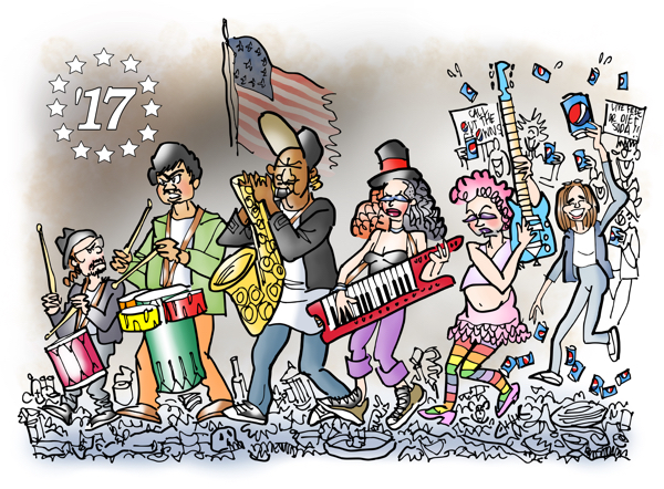 parody of Archibald Willard's famous painting The Spirit of '76 rock and roll protestors 2017 resistance movement white liberal Hispanic African-American woman LGBT playing musical instruments Kendall Jenner crowd following behind with Pepsi soda cans