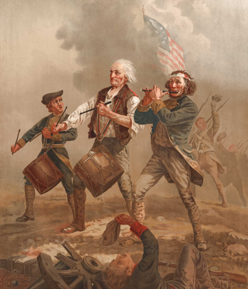 Archibald Willard painting The Spirit of '76, three men marching through Revolutionary War battlefield wounded playing fife drums smoke American flag