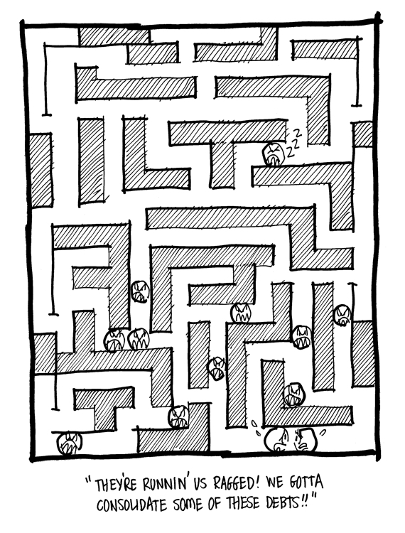 original B&W sketch cartoon Pac-Man arcade game need to consolidate debts inspired animated gif about too much content need to use visuals to stand out