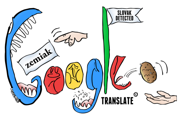 Google Translate parody of Google doodles hand dropping Slovak word in mouth letters chew Slovak detected letter E spits out potato